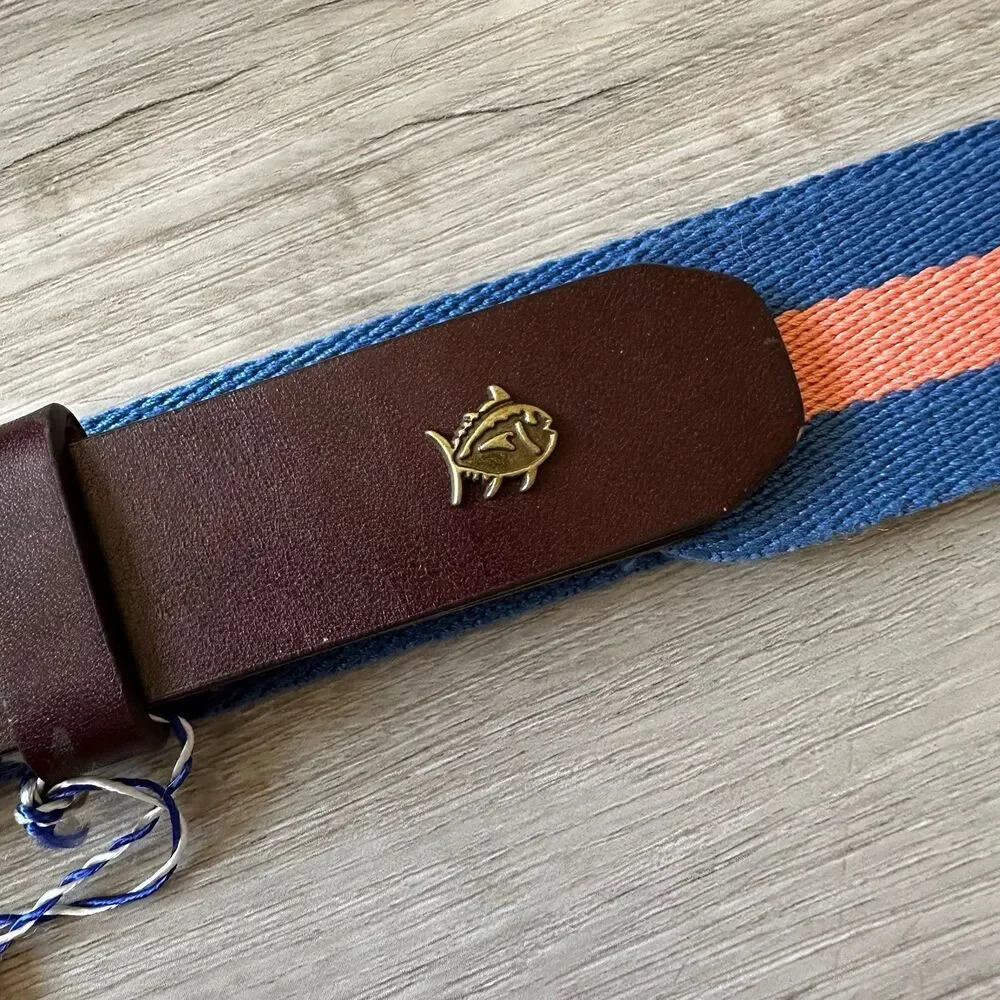 Southern Tide Blue & Orange Striped Woven Cotton Fabric Belt Dark Brown Leather